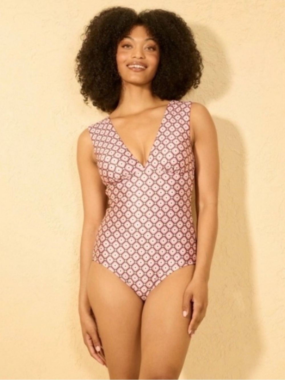 Shade & Shore Women's S Geo Print Plunge Neck Tummy Control One Piece Swim Sz S